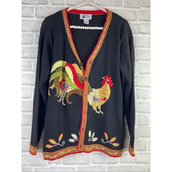JTWO New York 90s Vintage Vibrant Black Cardigan Rooster Embroidery And Beaded W - Picture 9 of 9